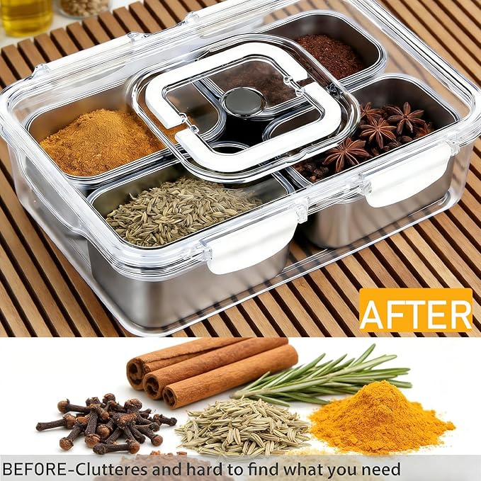 Snackle Box Container, Stainless Steel Snack Tray with Lid and Handle, 4-Compartment Divided Serving Tray for Fruit Veggie Candy, Large Snack Platter for Travel Party Beach Picnic