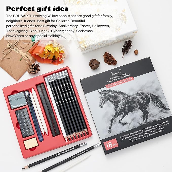 Brusarth Charcoal Pencils for Drawing, 18 Pcs Art Pencil Kit, Professional Sketching Pencil, Art Supplies for Drawing, Shading, Sketching, Blending, Artist Pencils for Beginners & Artists