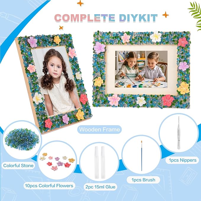 DIY Mosaic Picture Frame Craft Kit for Kids - Creative Arts & Crafts Glass Pebbles Activity for Girls & Boys, Decorate Your Own Photo Frame, Perfect Birthday & Christmas Gift for Kids Ages 6-12