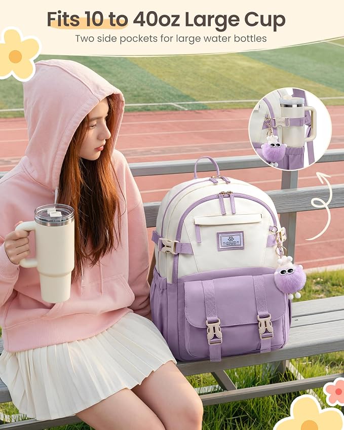 LOVEVOOK School Backpack for Teen Girls, Bookbag for 8-16 Student, Middle High College Back to School Cute Kids Backpack, 15.6 Inch, Purple-beige