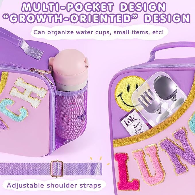 Nsrzua Lunch Bag Kids,Insulated Lunch Bag With Adjustable Shoulder Strap,Reusable Lunch Bag for Kids, Girls,Boys, lunch Bag Women,Preppy Lunch Box for School,Travel, Picnic (purple)