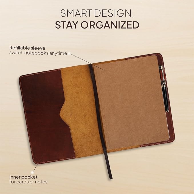 Tan B5 Journal Cover for Field Notes - 7.5x10 in XL Leather Notebook Cover Planner Cover, Refillable Leather Journal Cover, Composition Notebook Cover & Handmade Diary Cover for Travel