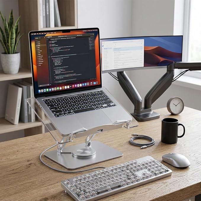 Adjustable Acrylic Laptop Stand for Desk, Ergonomic Aluminum Laptop Riser, Computer Stand for Laptop, Book Holder, for iPad, Tablets, Compatible with MacBook,Sturdy Foldable Design with Swivel Base.