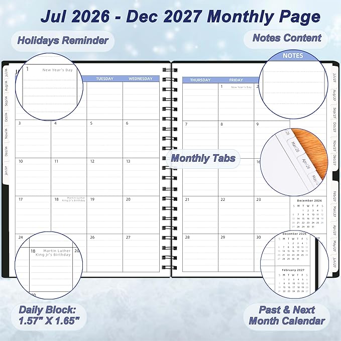 Monthly Planner 2026-2027 (7.6'' x 9.6''), from Jul 2026-Dec 2027, 18 Months Calendar Book, 2026 Agenda Planner with Tabs & Pocket, Black