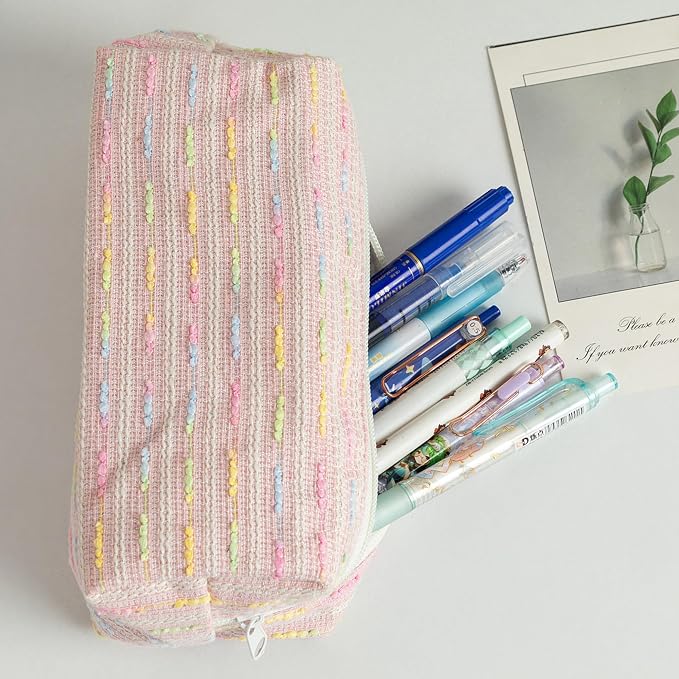 Cute Striped Pencil Case for Girls Large Capacity Aesthetic Pen Pouch with Zipper Stationery Organizer Bag for School Office Durable Pencil Box for Teens Students Women Kids (Square-Green)