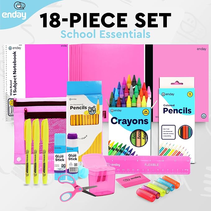Enday Back to School Supplies for Kids, Pink School Supply Box Grades K-5, Premium Quality Kids School Kit, Kindergarten Supplies for Girls and Boys, 78 Piece Set