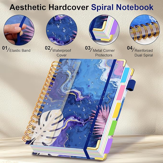Spiral Journal Notebooks for Work, 300 Pages 5 Subject Notebook College Ruled with Dividers & Tabs, Notebook Journal for Women Students Note-Taking and Organizer (Tropical Monstera, 6.2''x 8.2'')