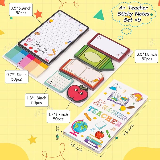 B1ykin A+ Teacher Sticky Notes Set - A+ Amazing Teacher Self-Stick Notes Pad, 550 Sheets Writing Memo Pages Sticky Notepad for Teacher Appreciation Gifts, School Office Supplies (5Pcs)