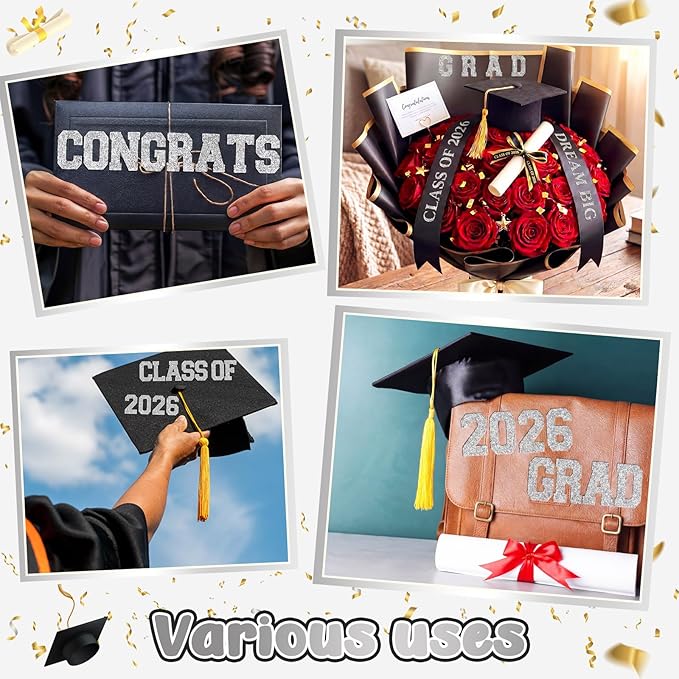 Silver 175 Pcs Graduation Photo Display Board Sticker Glitter Border Trim Alphabet Letter Number for 2026 Grad Party Trifold Poster Photo Display Event Displays Bulletin Board