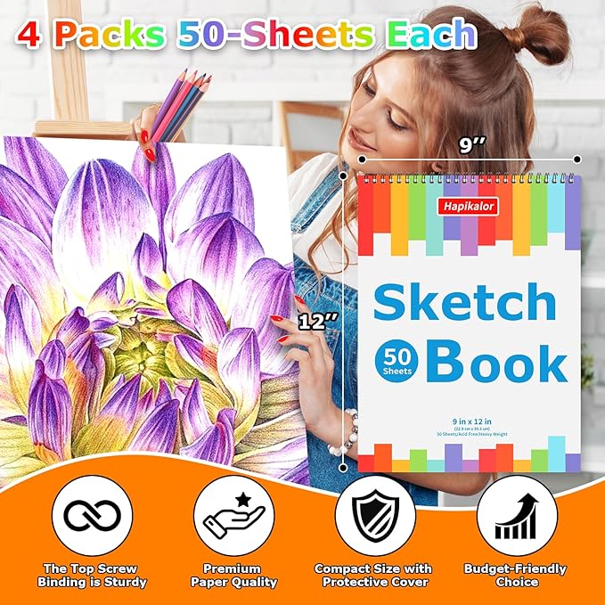 9" x 12" Sketch Book, 4-Pack 50 Sheets Spiral Bound Art Sketchbook, Acid Free Artist Drawing Paper Pad, Party Art Supplies