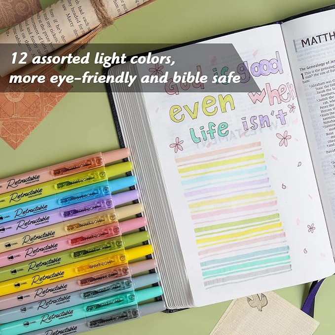 WRITECH Retractable Highlighters Bible Set: Pastel Colors Chisel Tip 12ct | Refillable Marker Pens No Bleed & Smear for Home School Office Highlighting Journaling Drawing Coloring Note-taking Writing