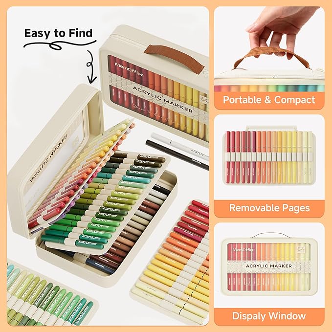 MemOffice Direct Liquid Acrylic Paint Markers, 84 Colors Brush Tip Pens with Carrying Case, No Bleed, Waterproof, for Rock, Wood, Canvas, Glass, Fabric, DIY Crafts for Adults