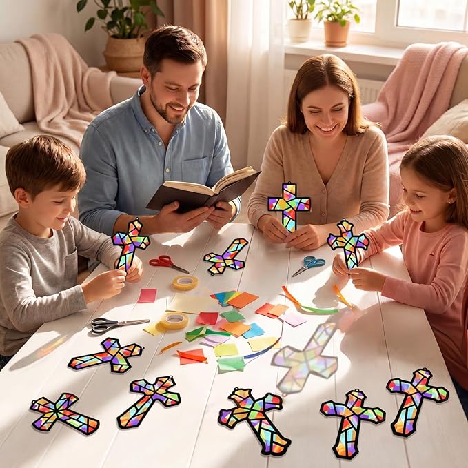 Renbuzhu 48PCS Sunday School VBS Crafts Bulk: Paper Cross Nativity Suncatchers, Jesus Religious Christian Activity DIY Kits Church Decorations, Window Stained Glass Effect Art Supplies