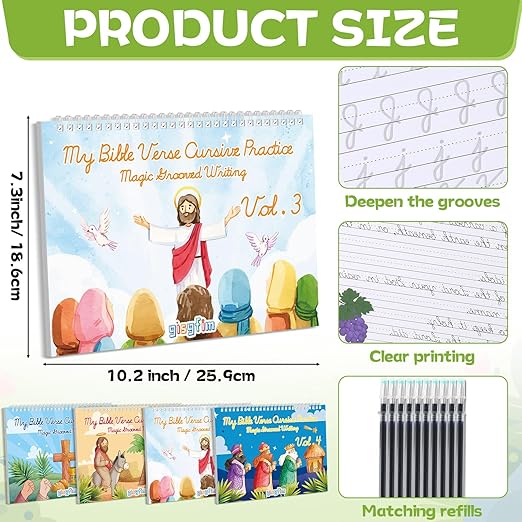 gisgfim Bible Magic Grooved Writing Practice Books for Kids Reusable Grooved Handwriting Workbooks for Kids Ages 3-8 Tracing Bible Magic Copybooks for Christian Sunday School Gifts Prizes（Cursive）