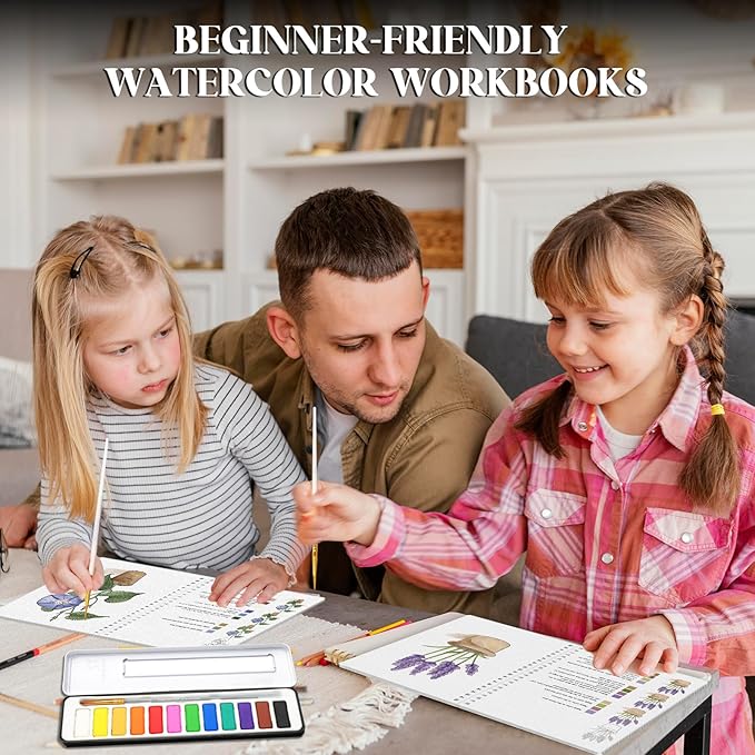 2Pcs Watercolor Workbook Beginner Friendly Watercolor Workbook with 12 Colors Paint Color, Watercolor Paper, Beginner Watercolor Painting Kit with Step by Step for Adults Teens Valentine's Day Gift