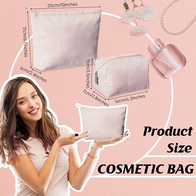 Huhumy 2 Pcs Makeup Bag Set for Women, Khaki, Thin Striped Seersucker | Cute Cosmetic Pouch Women Travel Toiletry Bag Preppy Small Makeup Purse Pouch Aesthetic Skincare Brushes Storage Organizer