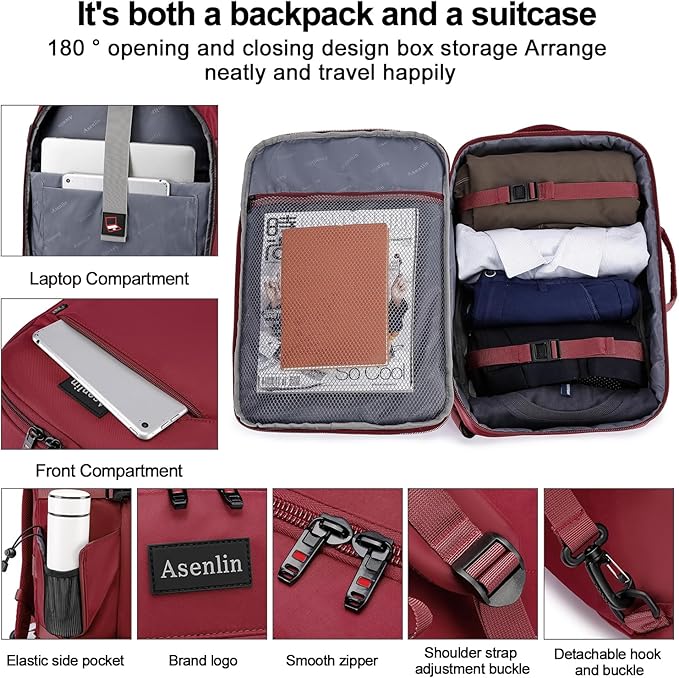 Asenlin Travel Backpack for Women Men,Flight Approved Carry On Luggage 40L Water Resistant Business Laptop Backpacks Fits TSA 17.3 Inch Computer College Weekender Outdoor Hiking-Red
