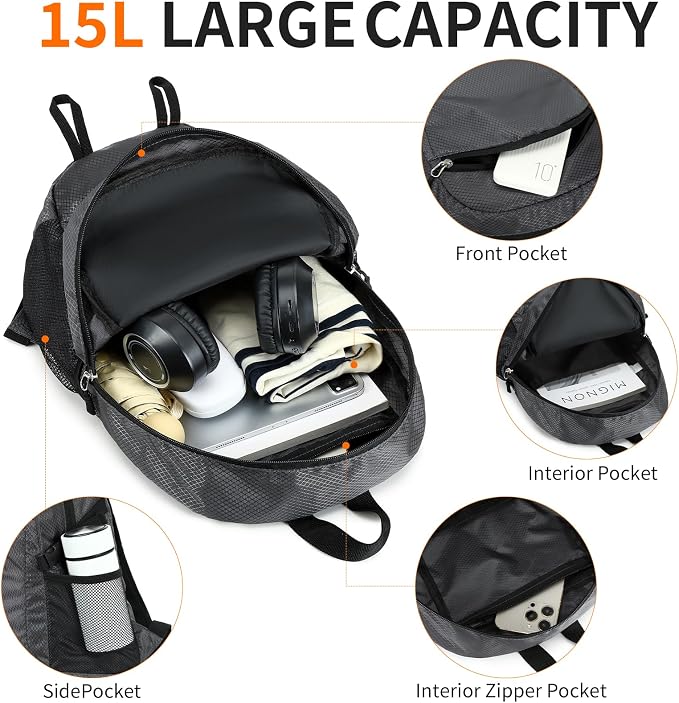 Small Hiking Backpack Travel Lightweight Hiking Packable Daypack Water-Resistant Foldable Backpacks 15L for Travel Women Men Camping (Grey)