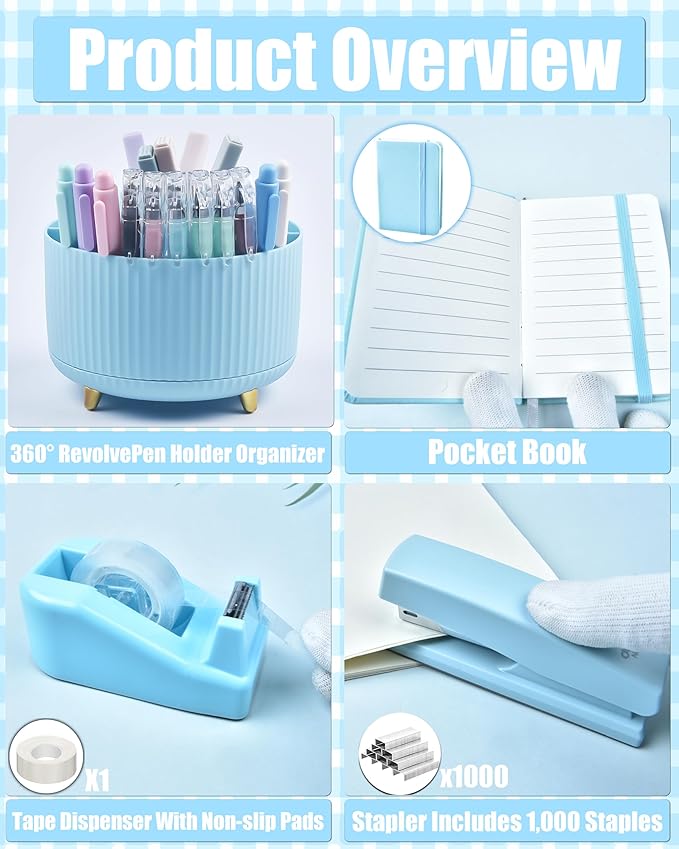 Blue Desk Accessories, 20Pc Office Supplies and 360°Pen Holder Desk Organizers, with Tape Dispenser, Stapler, Staple Remover, Ect, Let the Color Blue Fill Your Desktop