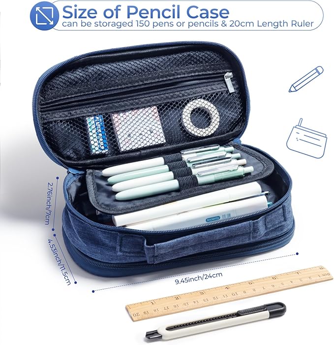 M&G Big Capacity Pencil Case, Large Capacity Pencil Pouch Multi-Slot Pencil Case Organizer, Portable Big Pencil Bags with Zipper for Makeup Brush Teen Boys Girls Office (Blue)