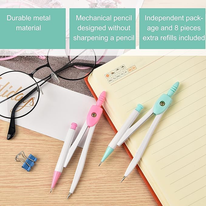 3 Packs Colorful Basic Metal Math Compass for Geometry Set,Extra Leads, Mechanical Pencil Desiged,Drawing Tools Compass for Students School Supplies and Office Supplies (Pink,Blue and Green)