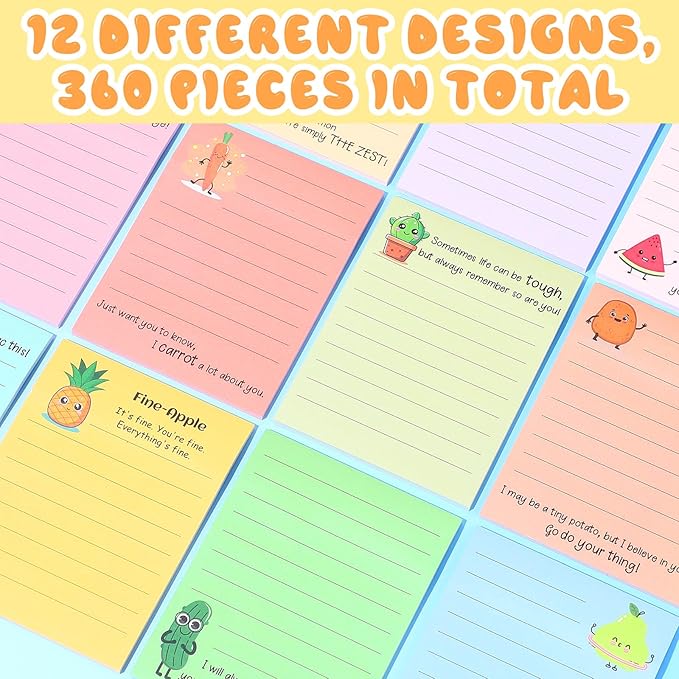 AmazingSpark 12 Pcs Cute Inspirational Sticky Notes, 4*3 Motivational Notepads Positive Emotional Support Gift Funny Lined Memo Note Pads for Office Desk Supplies Coworker Employee(Fruits,Vegetables)