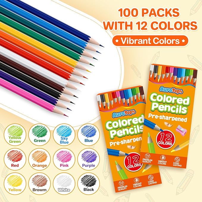 AuroTops 100 Packs Colored Pencils Bulk,1200 Count Pre-Sharpened Colored Pencils in Bulk,Vibrant Colors,12 Color Pencils Set for Classroom Prizes,Back to School Supplies