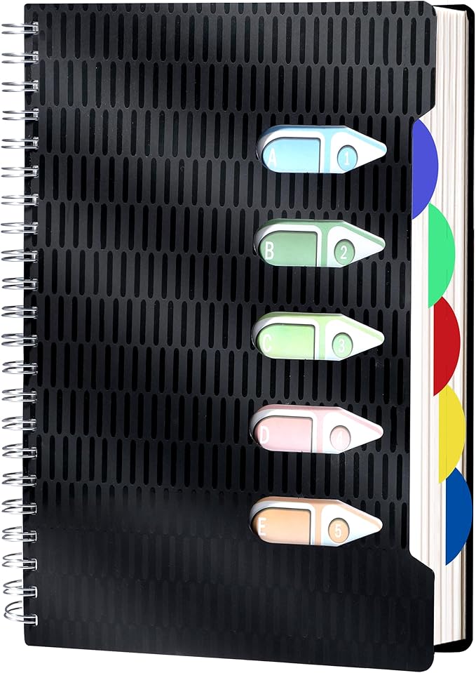 CAGIE 5 Subject Notebook with Dividers, A4 Spiral Notebook 8.5 x 11, 240 Pages Wide Ruled Notebook College Ruled, Large Hardcover Notebook for Note Taking for Work, School, Office, Black