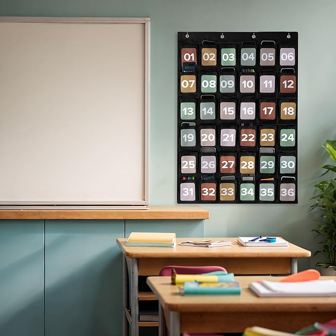 Premium Cell Phone Holder for Classroom - Durable Pocket Chart with 36 Numbered Slots & Hooks - The Perfect Hanging Chart for Phones, Calculators and Headphones Fits Nicely with Any School Decor