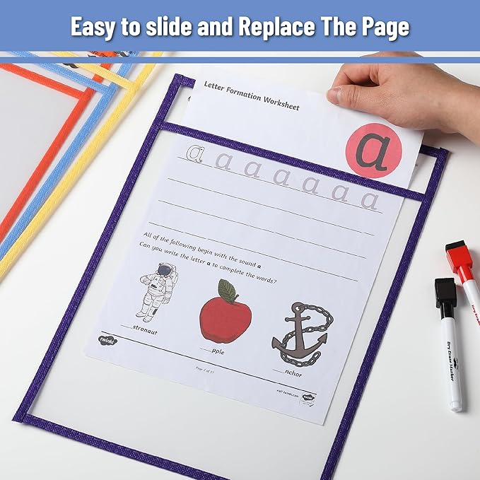 Mr. Pen- Reusable Dry Erase Pocket Sleeves, 10" x 14", 6 Pack, Colorful, Clear Plastic Paper Sleeves, Ticket Holders, Clear Plastic Sheet Protectors, Teacher, School, Classroom Supplies