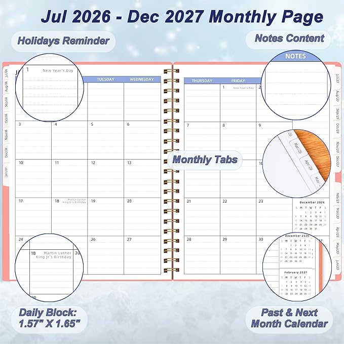 2026-2027 Monthly Planner (7.6'' x 9.6''), 18 Months Agenda Planner from Jul 2026-Dec 2027, Calendar Book with Tabs & Pocket, Pink