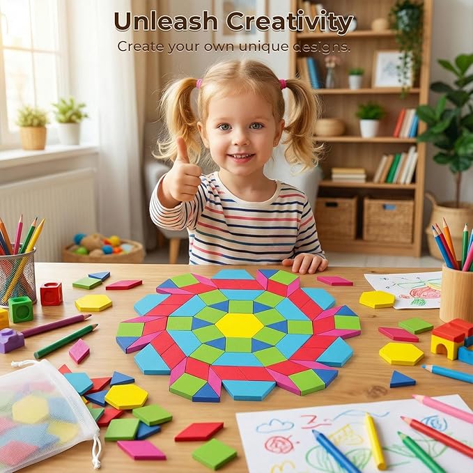 3 otters Wooden Pattern Blocks Shapes for Kids, Geometric Tangram Puzzle with Activity Cards, 150 PCS Educational Toy
