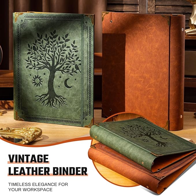 Ovesmusl PU Leather 3 Ring Binder Fits 8.5"x11" Letter Size Paper, 2 Inch Round Ring Binder Holds 500 Sheets, Notepad Paper Cover Loose Leaf Organizer, Green Tree