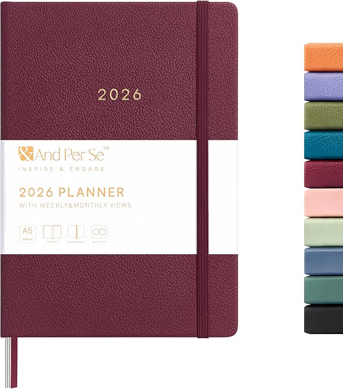 And Per Se 2026 Planner-Daily, Weekly & Monthly Leather Hardcover Planner, 5.7" x 8", Daily Schedule, 100 GSM Thick Paper, Back Pocket(Dark Red)
