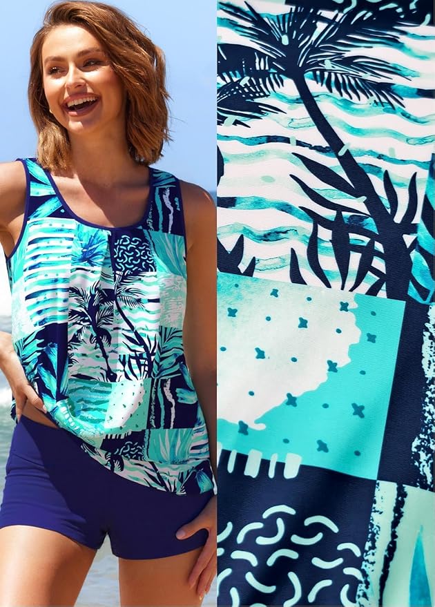 Modlily Modest Two Piece Tankini Swimsuits, Tropical Plants Print Bathing Suits, Casual Tank Top with Board Shorts