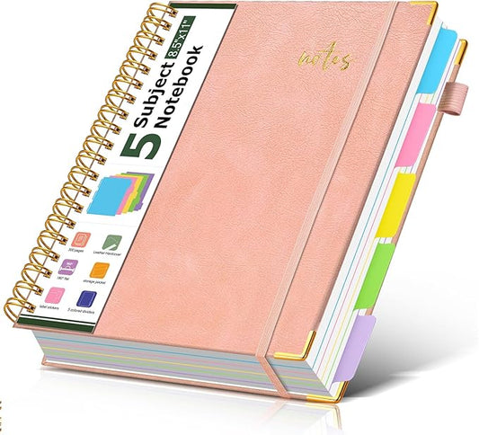 Hardcover Spiral Notebook Journal 8.5" x 11" Leather 5 Subject Notebook with Removable Dividers Tabs, 300 Pages Organizer Notebooks for Work School, College Ruled, Large Lined Journal for Women,Pink