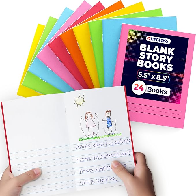 Hygloss Half Blank Books for Kids to Write Stories & Illustrate – Bulk 24 Pack – 5.5" x 8.5" A5 Primary Journal for Grades K-2, Preschool/Kindergarten Notebook with Picture Space – 24 Pages, Colored