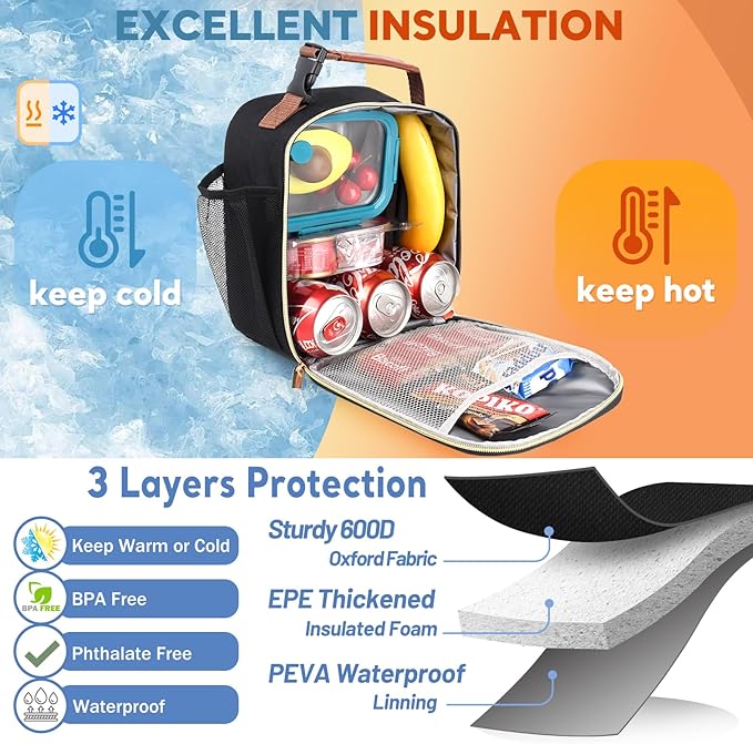 Genteen Lunch Box Reusable Lunch Bag for Men Women Kids Adults,Insulated Lunch Bag Waterproof Lunch Boxes Cooler,Small LunchBox With Side Pockets for Work Office School Travel Picnic-Black