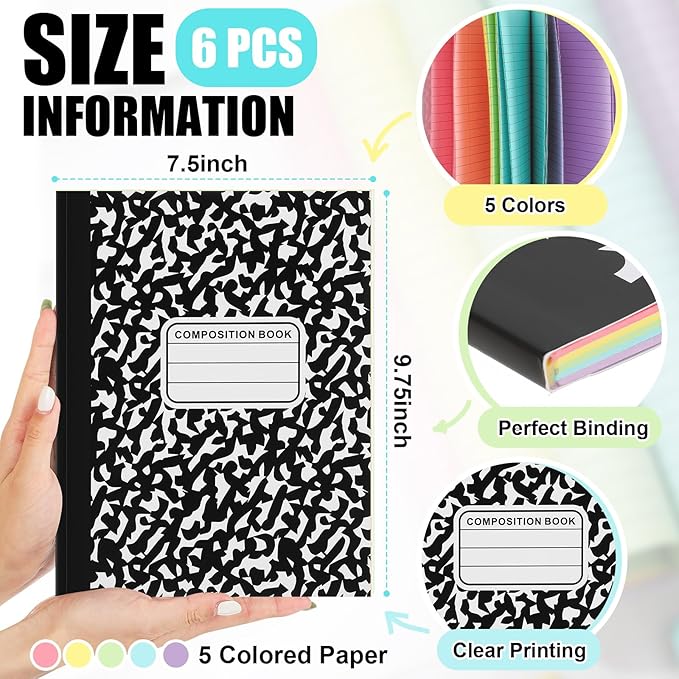 Henoyso 6 Pcs 120 Pages Colored Paper Notebooks 9.75" x 7.5" Bright Colors Lined Paper Notebook Wide Ruled Marble Notebooks Journals Bulk for Office School Supplies(Black Cover)