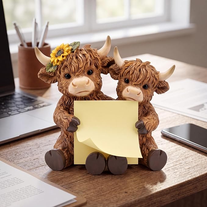 Highland Cow Pop up Sticky Dispenser Resin Sticky Note Holder Include 1 Pad of Pop up Notes 3x3 Inch 100 Sheets, Cute Highland Cow Note Holder for Back to School Office Desk Supplies