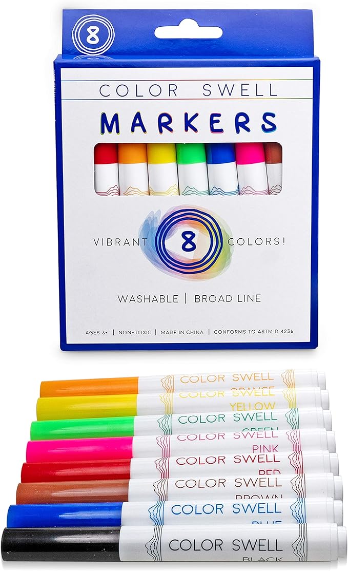Color Swell 8-Pack Broad Line Markers – Washable, Non-Toxic, Ideal for Kids, Students, Adults, and Classroom Activities