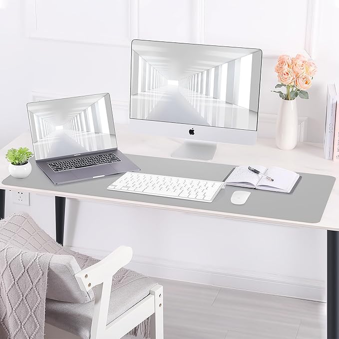 AFIING Cork Desk Mat 35.4" x 17", Dual-Sided Natural Cork & PU Leather Desk Pad, Non-Slip Waterproof Large Mouse Pad for Office, Home & Gaming, Light Grey
