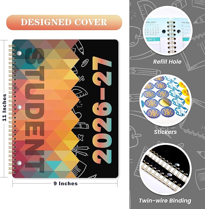 Student Planner 2026-2027 - from Jul 2026 - Jun 2027, 9’’ × 11’’, Academic Weekly Lesson Calendar with 12 Monthly Tabs, Twin-Wire Binding, Stickers, Perfect Organizer