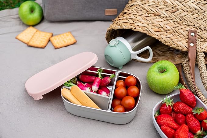 Beaba Stainless Steel Lunch Box, Kids Lunch Box with Silicone Lid, Bento Style Food Containers, Removable Silicone Dividers Make 1-3 Compartments, Rose