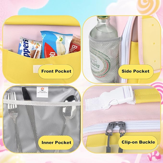 CaCTOUR Lunch Box Kids,Fun Color Lunch Box for Girls,Large Soft Cooler Lunch Bag for Kids,Back to School Thermal Insulated Lunch Tote Bag for School Daycare Outdoor (Yellow Pink)