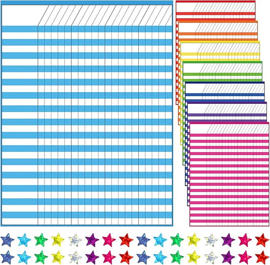 8 Pack Colorful Dry Erase Incentive Chart Multi-Color Classroom Laminated Dry Erase Reward Chore Charts with 1350 Reward Star Stickers for School Attendance Homework Progress Tracking, 13" x 17"