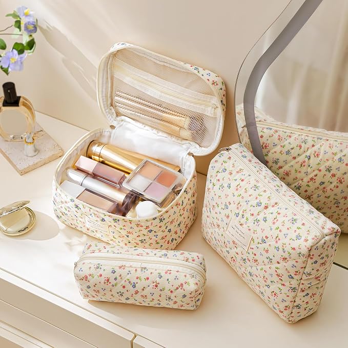 HBselect Quilted Makeup Bag, 3Pcs Cotton Large Travel Makeup Bags Organizer | Cute Floral Make up Bag Cosmetic Bag Toiletry Bag for Women Girls, Makeup Pouch for Skincare, Brushes & Travel Essentials