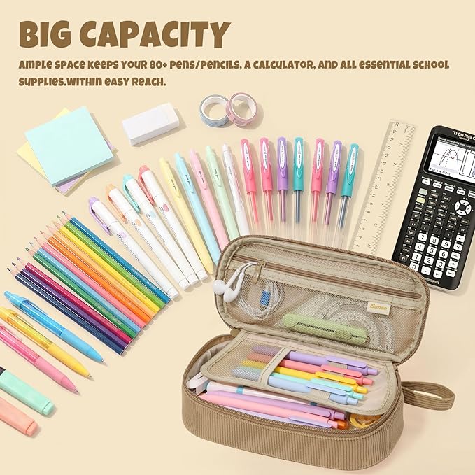 SUNEE Cute Pencil Case, Large Capacity Pencil Pouch, Soft Corduroy Pencil Bag, Big Storage Pen Organizer for Stationery, Aesthetic Zipper Pencil Box, Back to School Supplies for Teen Girls Boys, Khaki