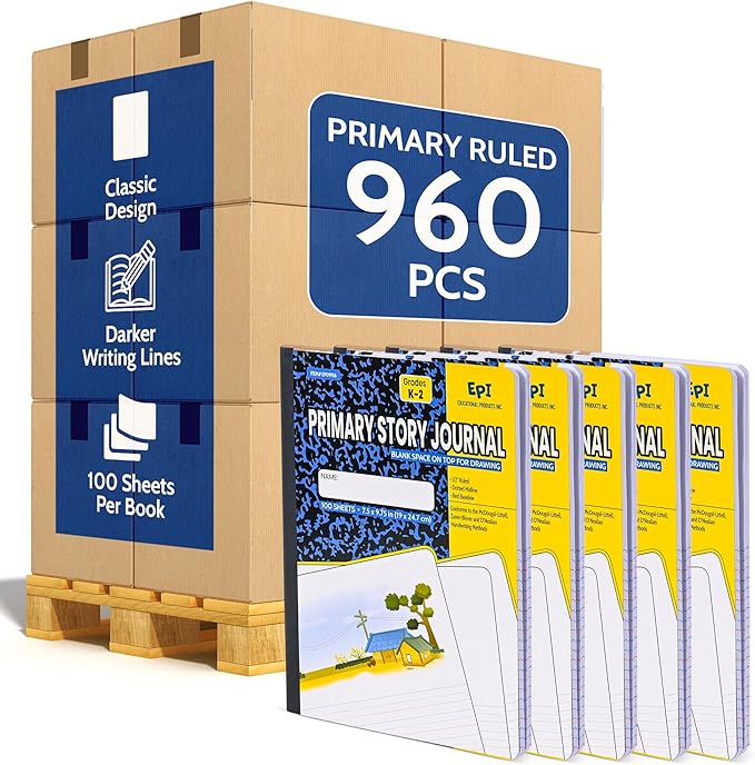 960 Pack (Pallet) EPI Primary Ruled Composition Notebook Bulk, 200 pages (100 Sheets), 9-3/4 x 7-1/2, Blank Top Header For Drawing, Story Paper, Heavy Duty, School Supplies, Grades K-2, Sewn Binding