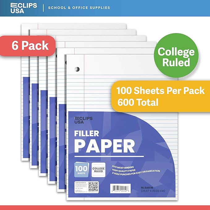 Loose Leaf Paper College Ruled Notebook Paper College Ruled Lined Paper Writing Paper Filler 10.5” x 8” 600 Sheets 100 Sheets Per Pack 60 gsm (6 Pack)